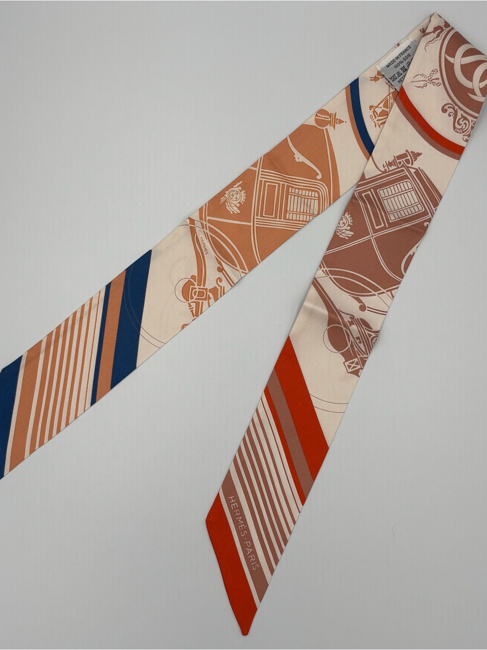 Hermes Ex-Libris Twilly Silk Scarf Creme Orange Beige Blue Carriage Stripe Print - Picture 1 of 6